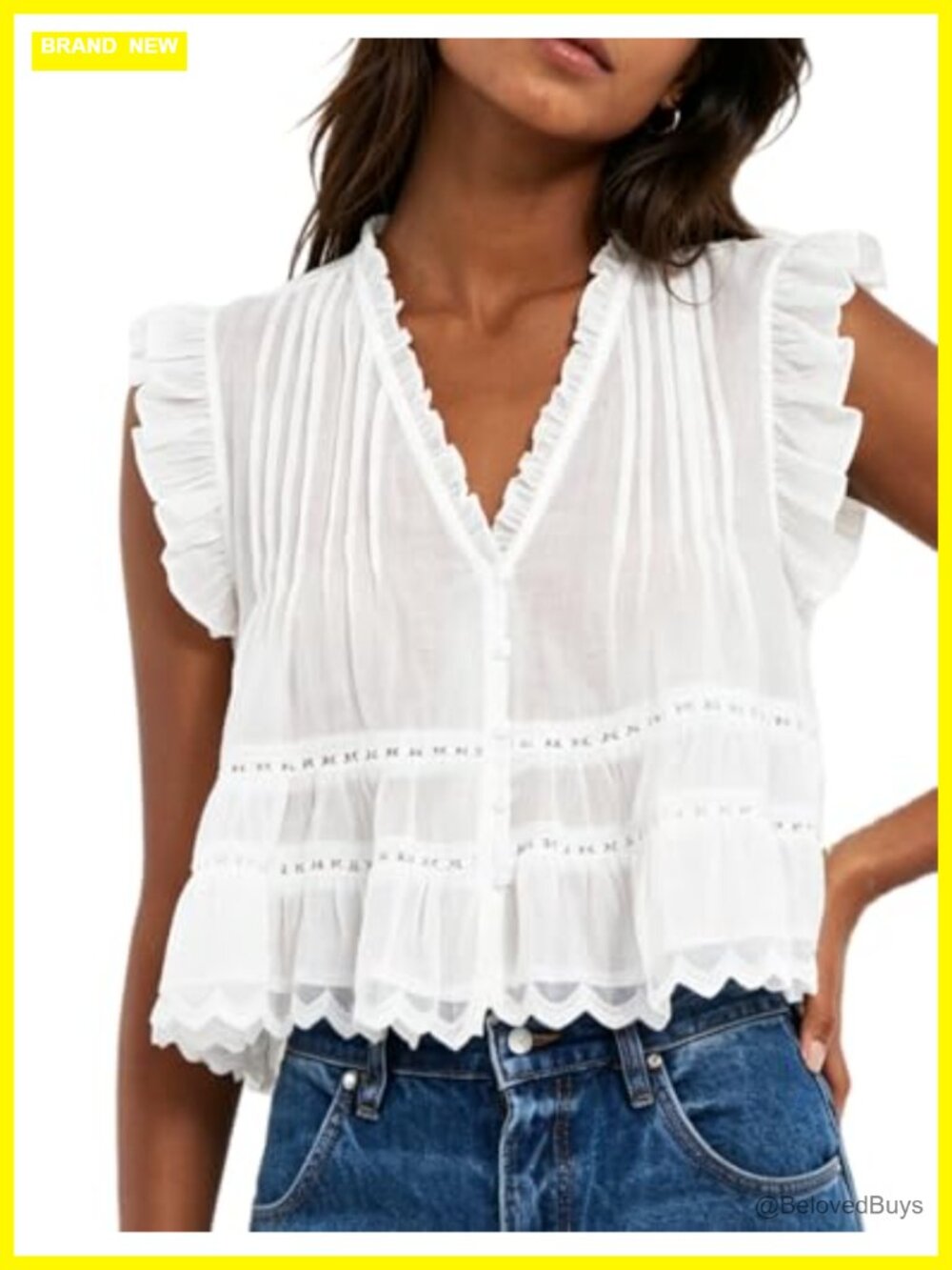 Ruffle V Neck Babydoll Tank Top, Semi Sheer Lace Flowy Peplum Crop Top
